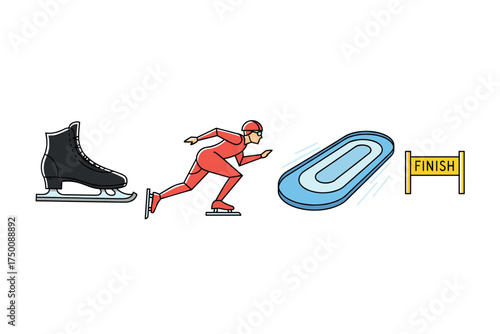 Speed skater racing on ice rink towards finish line. Colorful icons set illustrated