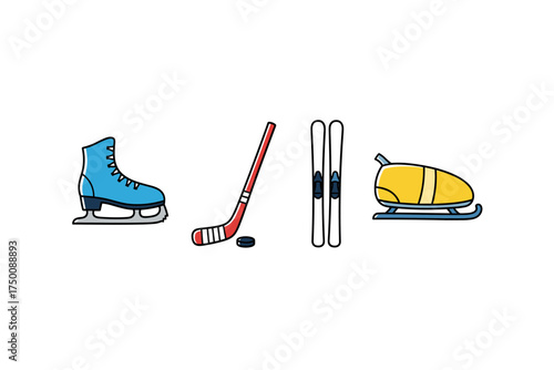 Winter sports equipment: ice skating, hockey, skiing, and bobsled icon set. Colorful icons set illustrated