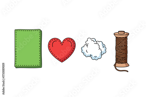 Sewing icons set: fabric, heart, cloud, thread spool. Colorful icons set illustrated