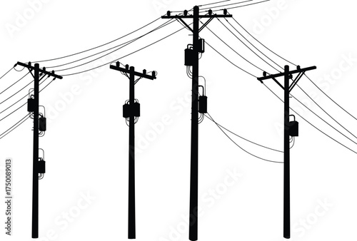 Silhouette utility poles, electricity distribution network, power line infrastructure, transformers and 