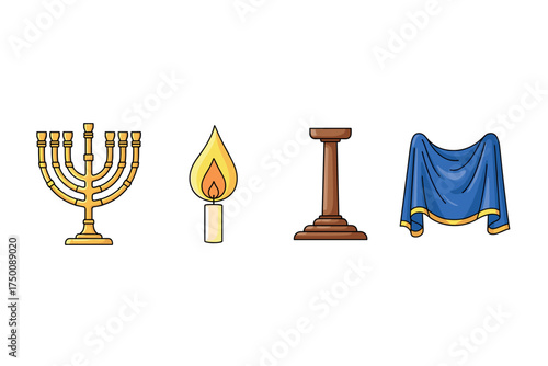 Menorah, candle flame, pillar, draped fabric - symbolic elements. Colorful icons set illustrated