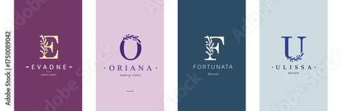 Logo O, E, capital letter F, U. Monogram of Botanical Minimalistic, Initial. with Organic Plant Elements. Vector design.