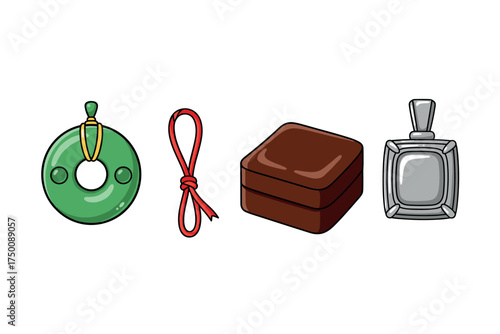 Assorted jewelry: jade pendant, red rope, brown box, silver perfume bottle. Colorful icons set illustrated