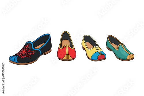 Colorful traditional loafers with decorative patterns. Colorful icons set illustrated