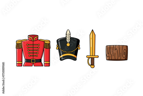 Traditional military attire and accessories: red jacket, black hat, sword, wooden shield. Colorful icons set illustrated