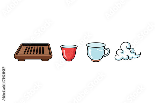 Tea ceremony icons: teapot, teacup, mug, steam cloud. Colorful icons set illustrated