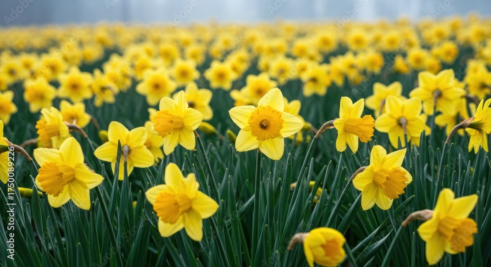 Fototapeta premium Yellow daffodil field close up springtime floral background