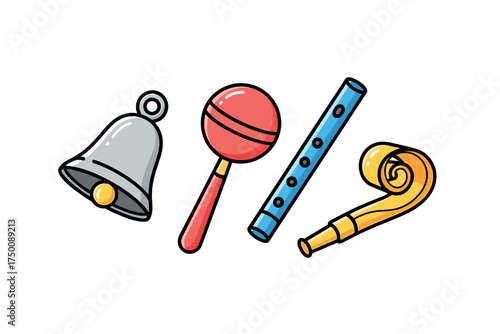 Colorful musical instruments: bell, maraca, flute, party horn illustration. Colorful icons set illustrated