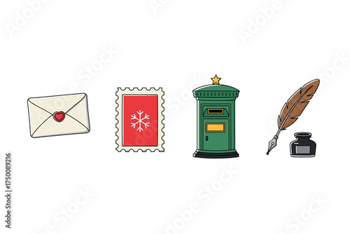 Envelope, postage stamp, green mailbox, quill pen, ink bottle - postal icon set. Colorful icons set illustrated