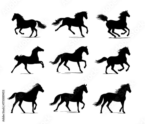 Collection of nine black horse silhouettes in various running poses.