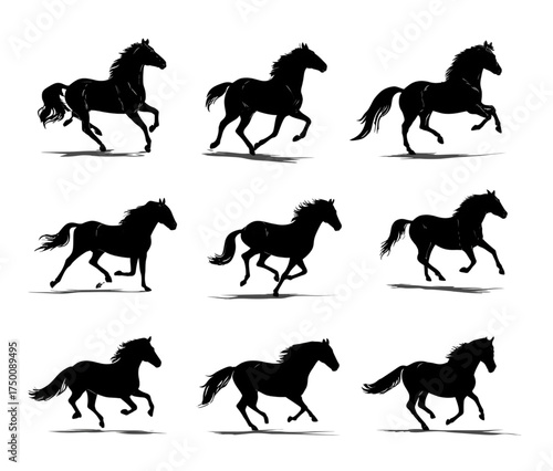 Collection of nine black horse silhouettes in various running gaits.