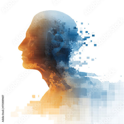 Abstract human profile dissolving into digital pixels.
