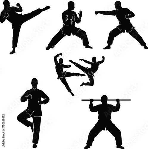 Martial arts silhouette set with dynamic poses, weapon techniques, high kicks, combat stances, black vector figures, traditional attire, and motion-focused illustration