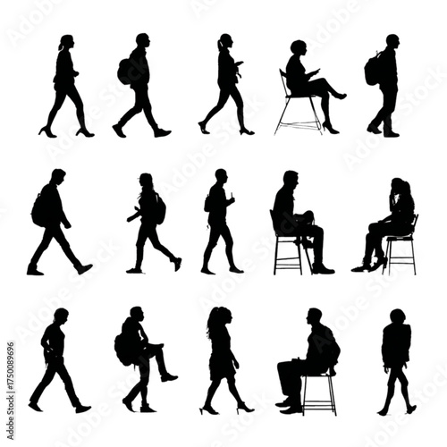 A collection of black silhouettes of people walking and sitting.