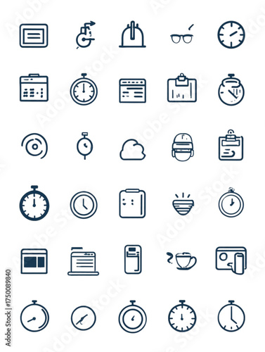 Hand Drawn Vector Icon Set for Time Management and Office Life.