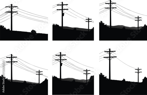 Silhouette utility poles, electricity distribution network, power line variations, hills and trees, urban energy grid, electrical infrastructure, industrial skyline, rural landscape