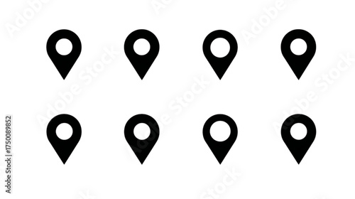 Set of eight black map pin location marker icons.