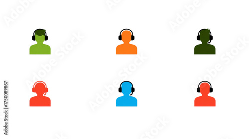 Set of colorful call center operator icons with headsets.
