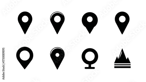 Set of black map pointer and location pin icons.