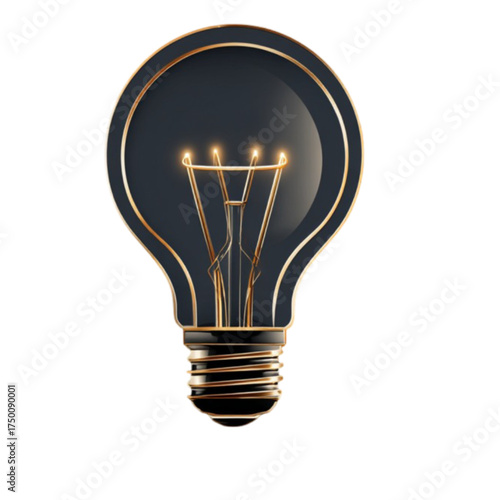 A stylish dark lightbulb with a glowing filament and gold trim.