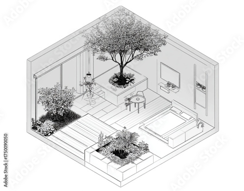 Isometric Line Drawing of a Modern Biophilic Interior Design.
