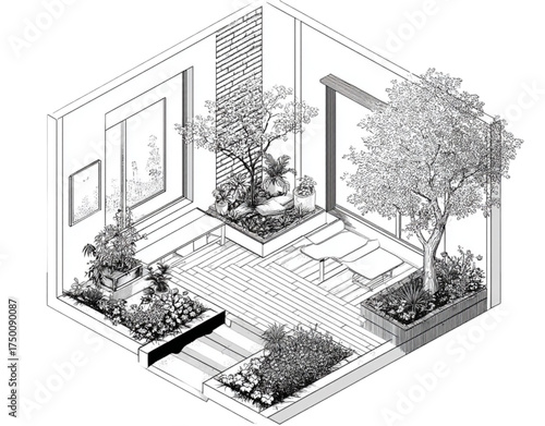 Isometric architectural sketch of a modern patio garden design.
