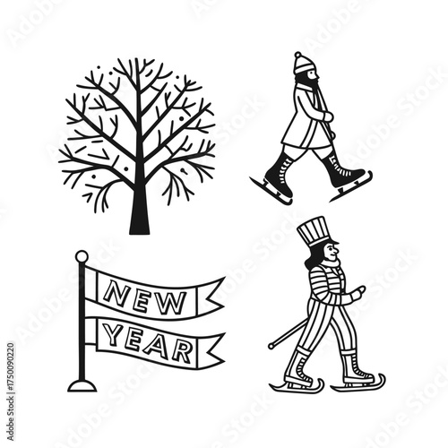 Set of four stylized silhouettes depicting nature and figures in autumnal mood isolated on transparent background