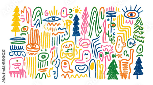 Vibrant Hand Drawn Abstract Doodle Art with Whimsical Elements.