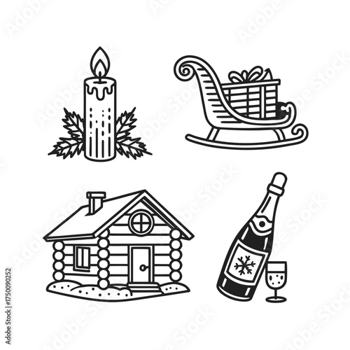 Cozy cabin and musical instruments montage stylized line art icons isolated on transparent background