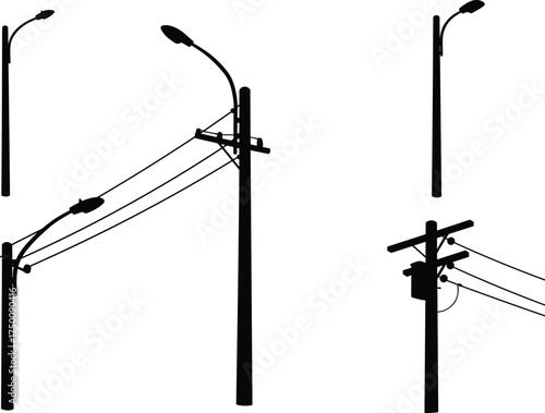 Silhouette utility poles, streetlights and transformers, electricity distribution network, power line infrastructure, urban energy grid, electrical system, industrial skyline, lamp posts