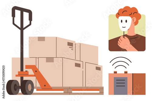 Pallet truck holding multiple boxes, person holding a smiling mask, and wireless remote device. Ideal for logistics, identity, concealment, automation, storage, anonymity and remote control