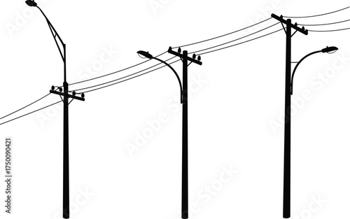Silhouette utility poles, streetlights and transformers, electricity distribution network, power line infrastructure, urban energy grid, electrical system, industrial skyline, interconnected network