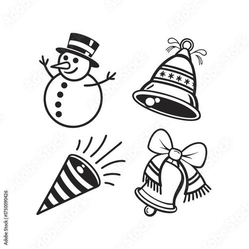 Four festive christmas icons snowman bell party popper festive bells in dark silhouette isolated on transparent background