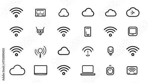 Set of hand drawn doodle icons for technology and wireless connectivity.