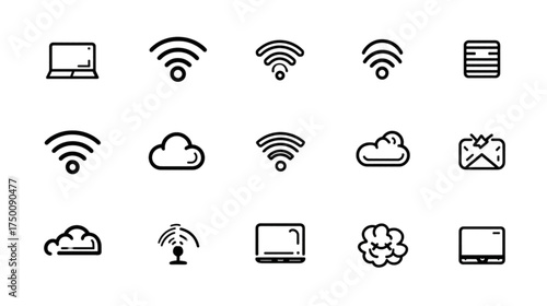 Hand drawn technology and internet connectivity line icon set.