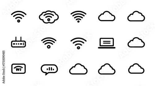 Minimalist line icon set for internet connectivity and cloud technology.