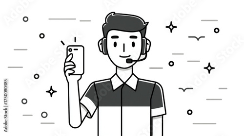 Friendly operator with headphones and microphone holding a cellphone.