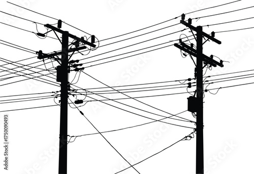 Silhouette utility poles, tangled power lines,  