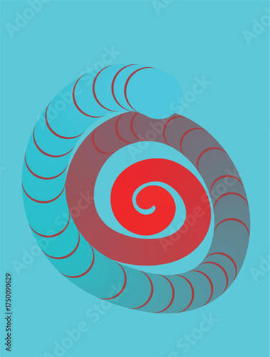 Abstract swirling spiral pattern with vibrant red and blue gradient on a bright cyan background