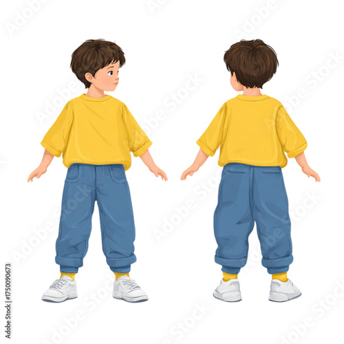 Character design of a young boy in a yellow shirt and blue jeans from front and back view.