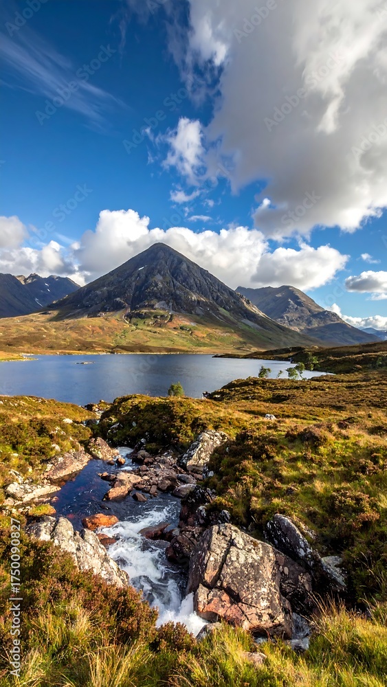 Fototapeta premium Scottish Highlands Mountain Lake Landscape.