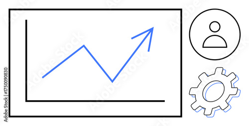 Line chart with arrow rising, gear for process or innovation, user icon for personalization. Ideal for business growth, data analysis, productivity, strategy, performance, planning simple flat