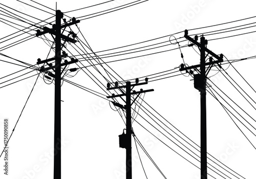 Silhouette utility poles, transformers and insulators, electricity distribution network, power line complexity, urban energy grid, electrical infrastructure, industrial skyline, interconnected system