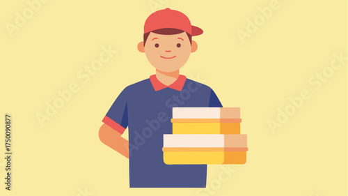 A friendly delivery person in a cap and uniform holding multiple pizza boxes ready to deliver to a happy customer at their doorstep.