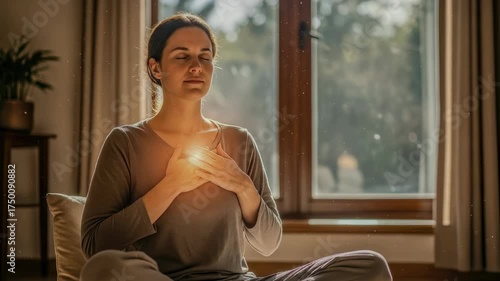 Woman meditating with glowing heart chakra in sunlit room for spiritual healing and inner peace footage