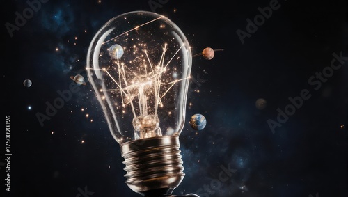 A lightbulb containing planets and connected lines against a dark, starry background