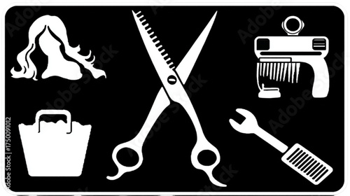 Set of white silhouette icons for hairdressing and barber shop tools.