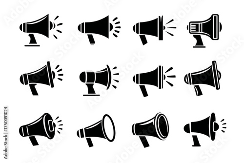 A collection of twelve black silhouette megaphone vector icons.
