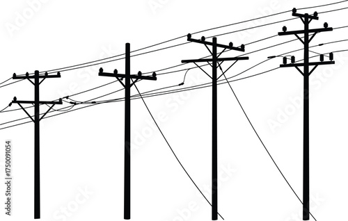 Silhouette utility poles, transformers and insulators, electricity distribution network, tangled power lines, urban energy grid, electrical infrastructure, industrial skyline, interconnected system