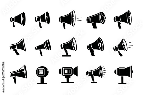 Diverse collection of black silhouette megaphone and bullhorn icons.